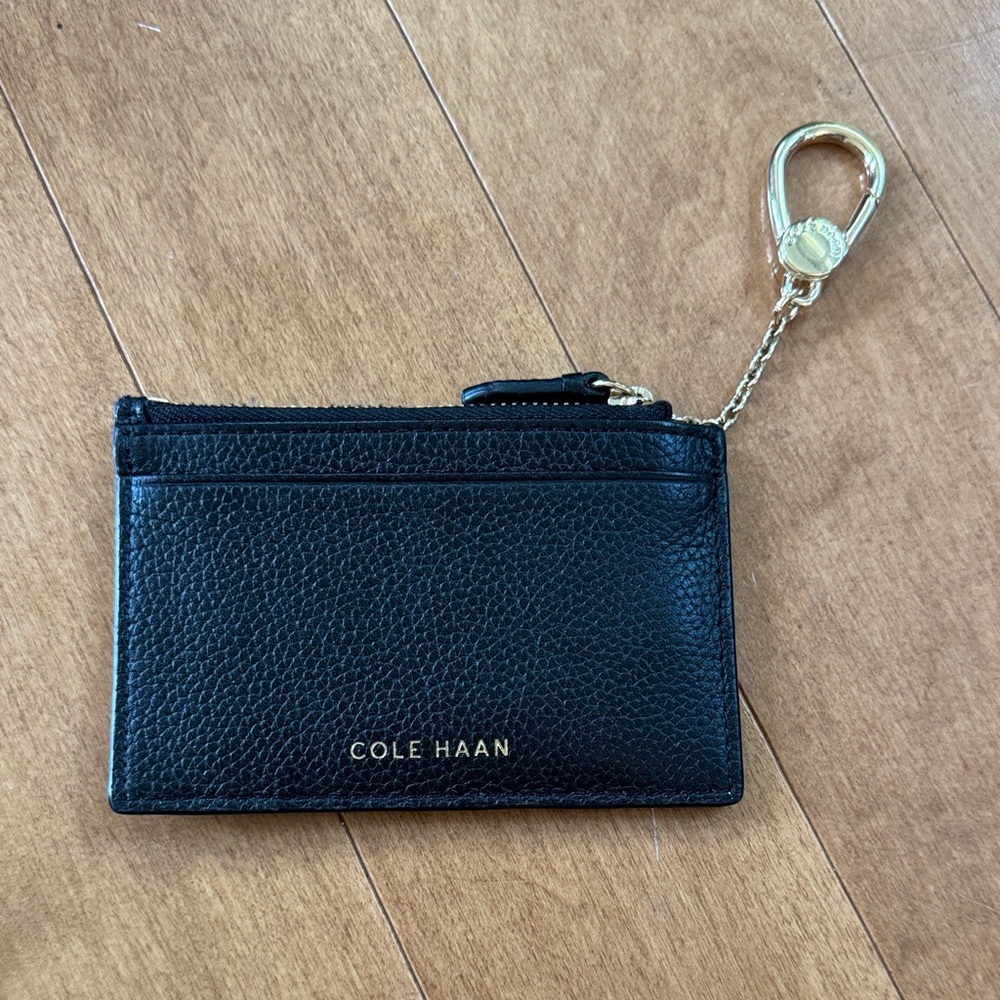 Cole Haan Black Leather Card Pouch with Gold Chain